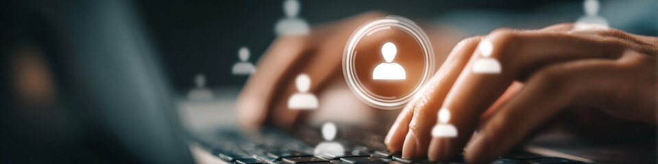 Poster - Hands typing on a laptop with user icons overlayed suggesting social networking focus