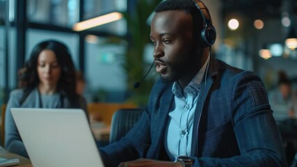 Aufkleber - Man sits in front of a laptop with headphones on, focused on work