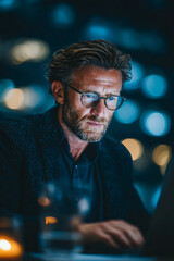 Poster - Man with glasses and beard looking at a laptop screen in a dimly lit environment at night