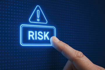 Poster - A pressing a glowing digital button highlights the concept risk management in a business context emphasizing decision-making and alertness