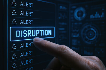 Poster - A interacts with a high-tech digital interface highlighting disruption alerts on a business dashboard screen