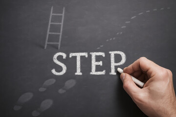 Poster - A draws a symbolic progression concept on a blackboard illustrating gradual advancement and strategic planning in business