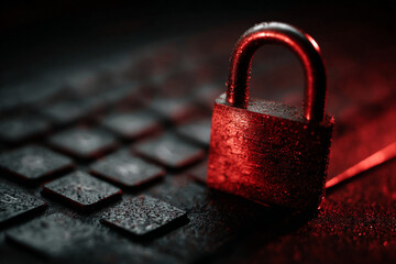 Poster - A close up shot of a metal padlock illuminated with red light on a keyboard surface