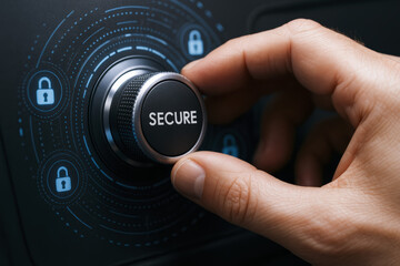 Poster - A adjusts a dial on a secure digital dashboard symbolizing protection and control in data management