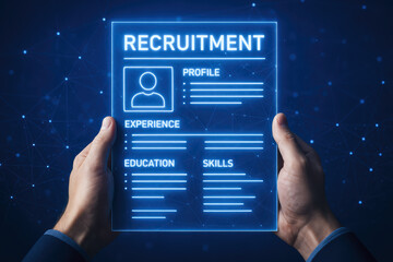 Poster - Hands present a futuristic digital resume highlighting professional experience skills education and recruitment processes within a connected network
