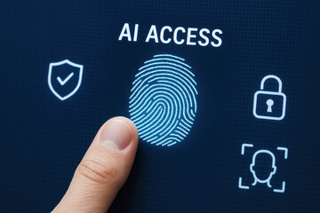Poster - A fingerprint scan on a digital interface illustrates secure biometric authentication enhancing AI-driven access control in modern security systems