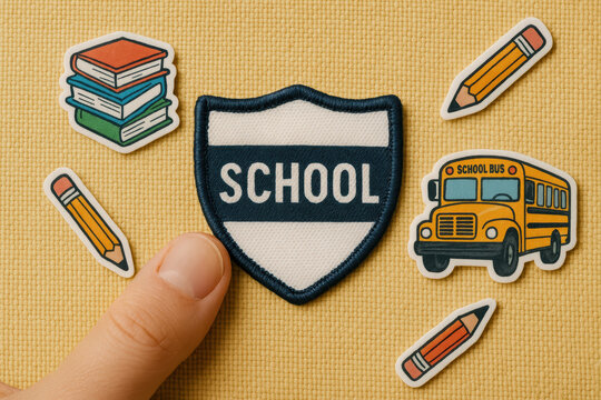 A symbol education and learning is showcased by a gently holding a fabric badge surrounded by classic school-themed illustrations