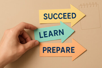 Poster - Progression toward achievement is guided by preparation and gaining knowledge illustrated by flat arrows on a simple tan background