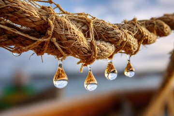 Sea water droplets dripping from a wet fishing net