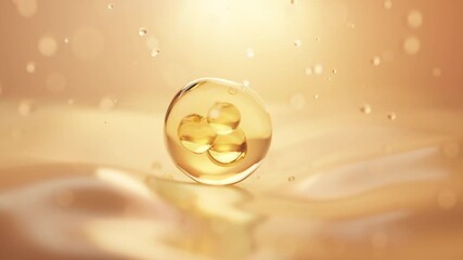 Animation 3D Golden Collagen Skin Serum and Vitamin illustration isolated on yellow color background. concept skin care cosmetics solution. 3d rendering.