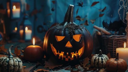Poster - A carved Halloween pumpkin sits atop a pile of autumn leaves, perfect for fall or Halloween themed designs