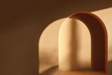 Aufkleber - Soft sunlight casts gentle shadow on minimalist modern arch silhouette, creating warm, serene atmosphere with smooth beige and brown tones in contemporary interior