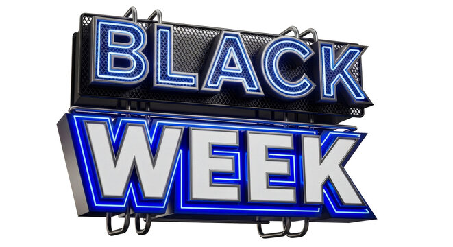 Illuminated black week sign with blue outline on a transparent background