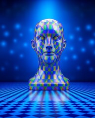 Poster - Multicolored Polygonal Head Bust on Blue Checkerboard Floor