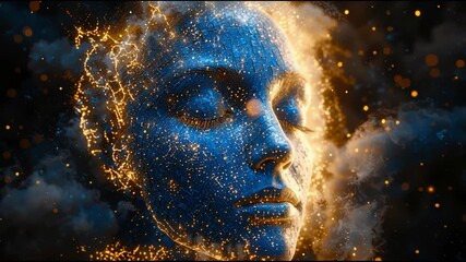 Poster - Woman's face adorned with striking blue and gold face paint creating a captivating artistic expression in a vibrant setting. Digital Muse – Artistic AI Face with Gold and Blue Light – Animated Video V
