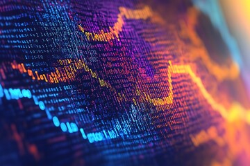 Digital data stream visualization with binary code and glowing chart lines on screen
