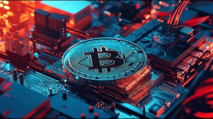 Poster - Ai-enhanced cryptocurrency mining displaying a bitcoin coin resting on a computer for digital asset generation. Bitcoin on Circuit Board – Animated Video Version