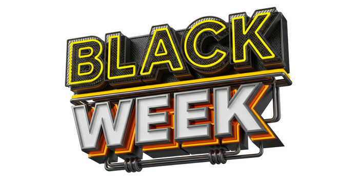 A black week promotional graphic with yellow and white lettering