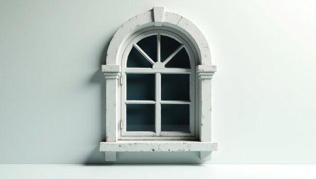 An arch window set against a light teal wall.