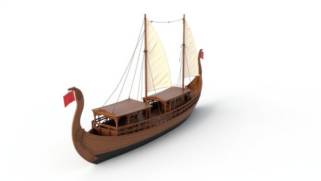 Wooden sailing ship model with detailed design.