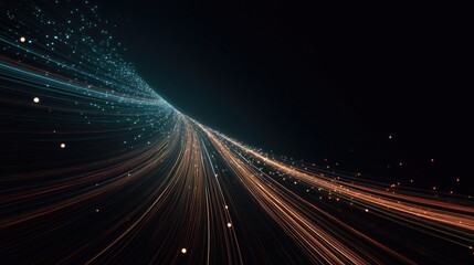 Leinwandbilder - Futuristic light trails with glowing lines and particles on dark background, digital technology concept for wallpaper, dynamic abstract art featuring motion, speed, and cyber aesthetic in neon hues.