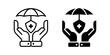 © Uswa KDT - Medical Insurance icon set. A minimalist icon showing healthcare protection. An umbrella shelters a shield with a cross symbol, supported by two hands, representing health, insurance, and safety.