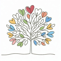 Poster - Colorful tree with heart-shaped leaves in single line outline vector  , peace day