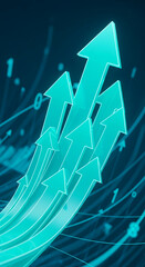 Poster - Multiple teal arrows ascending against a dark blue background with data points, symbolizing growth, progress, and success in business or technology