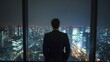 © AI-HAL8 - A businessman looking out over the city nightscape from a high-rise window, symbolizing success, ambition, and solitude | Businessman, Nightscape, Success, City