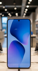 Poster - Smartphone display showcasing abstract blue and purple gradient shapes, modern and minimalist design, ideal for tech showcases or advertising mockups