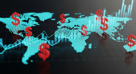 Poster - Global financial market visualization: teal world map with red dollar signs and growth charts, symbolizing international finance, investment, and economic growth