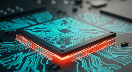 Leinwandbilder - Close-up of circuit board with glowing teal lines and orange connectors, showcasing technological advancement and innovation, ideal for tech concepts