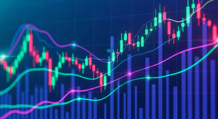 Poster - Abstract financial chart with neon green, pink, and blue lines and candlestick bars on dark blue background, symbolizing market trends and data analysis