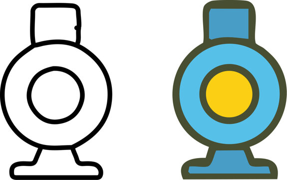 Stylized blue and yellow webcam icon with a thick outline and a simple black and white line art version.
