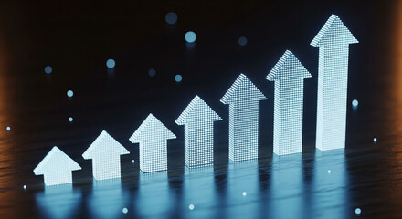 Poster - Ascending luminous arrows on dark wood, showcasing growth and progress, ideal for business or financial concepts