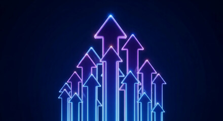 Poster - Glowing neon arrows pointing upward on dark blue background, symbolizing growth, progress, and success, ideal for business or technology concepts