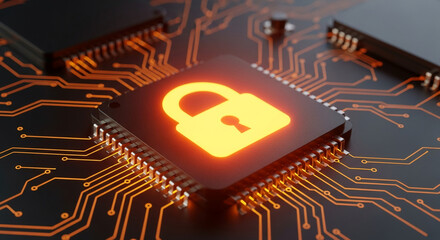 Leinwandbilder - Glowing padlock icon on a microchip, circuit board background.  Represents digital security, data protection, and cybersecurity