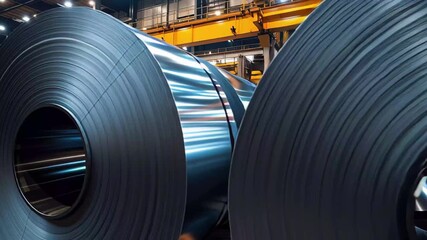 Poster - Large rolls of steel coils in a modern manufacturing facility showcasing industrial strength and efficiency