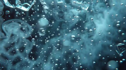 Poster - Frozen water cubes break apart in a misty explosion creating a striking visual display with cool tones