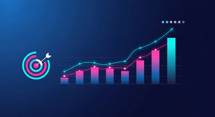 Poster - Abstract graphic showing upward trending bar graph and target, symbolizing business growth, achievement, and success.  Free space for text