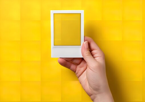 Empty Instant Photo Frame in Hand with Yellow Backdrop and Copy Space – Creative Banner for Digital or Print Projects