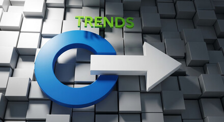 Poster - Abstract 3D graphic depicting a blue circle and white arrow on a gray cube background, symbolizing trends and progress, suitable for business or technology concepts