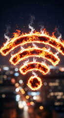 Poster - Fiery wifi symbol against blurred city lights background, showcasing fast internet connection concept, ideal for tech or network related projects