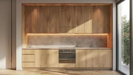 Poster - A modern kitchen featuring wooden cabinets and a large window, perfect for brightening up the space