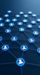 Aufkleber - Abstract network graphic showing interconnected blue circles with person icons, symbolizing global connection, communication, and social networking