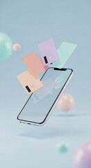 Poster - Pastel credit cards float near smartphone, showcasing mobile payment concept Clean design, symbolizing ease, speed, and security of digital transactions