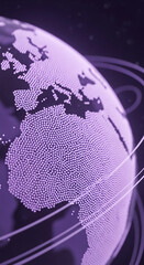 Poster - Stylized globe made of small purple spheres, dark background, showcasing global connectivity concept, suitable for technology or communication themes