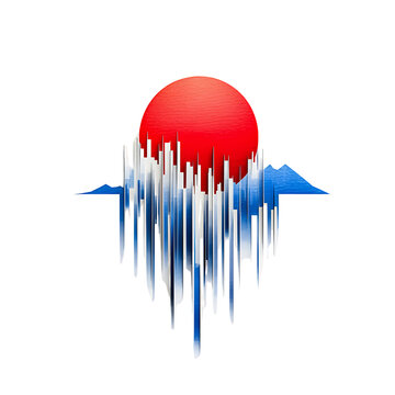 Abstract Red Sphere Above Blue and White Stalactite Formations on Black Backdrop