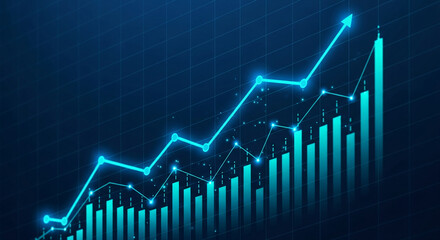 Poster - Blue glowing graph showcasing upward trend, symbolizing growth, success, and progress in business analytics