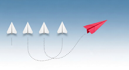 Poster - Four white paper airplanes follow a straight path, while a red one diverges, symbolizing innovation and unique approach to achieving goals